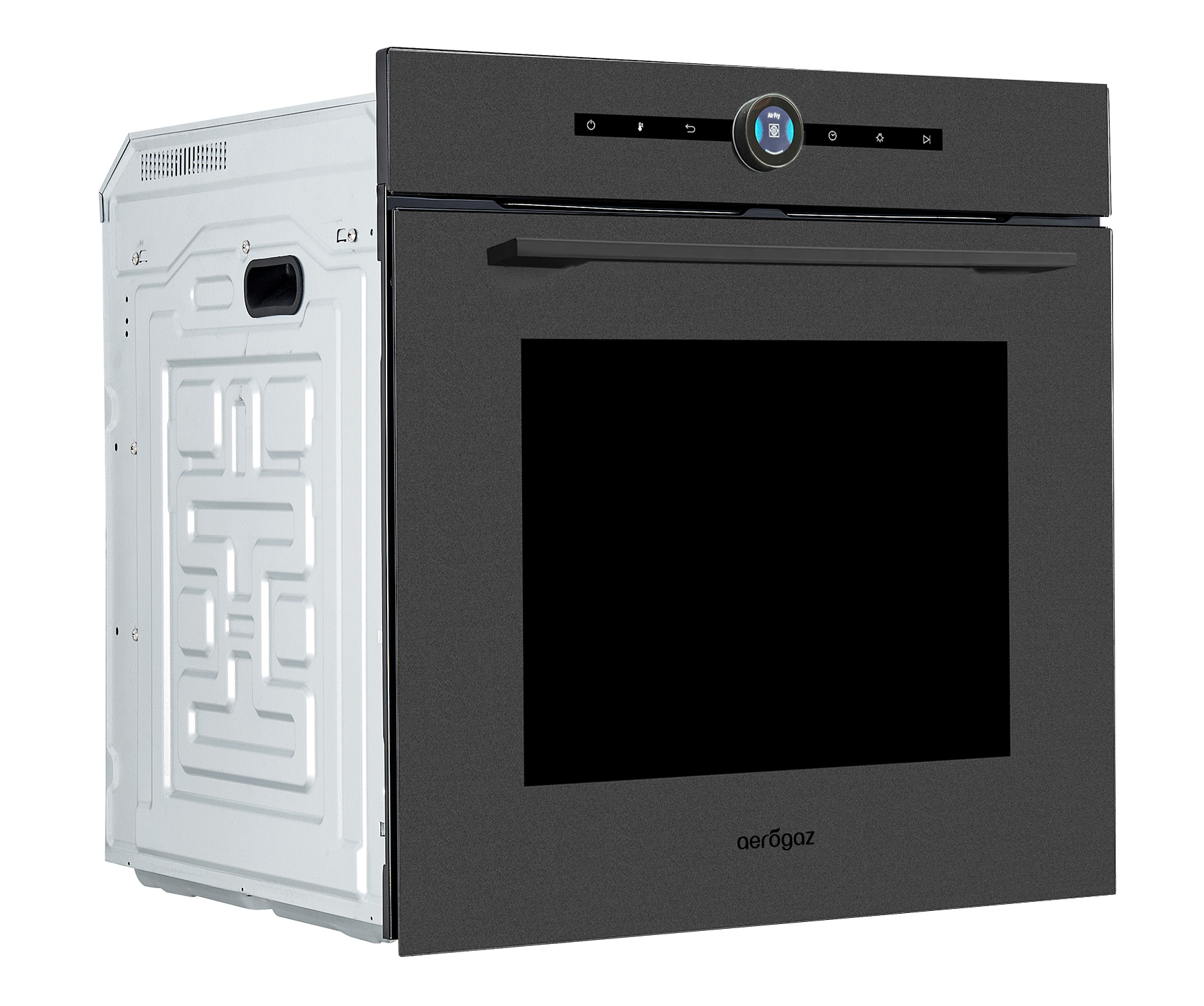 Built-in dark-front electric oven with a round control dial and horizontal control strip at the top, mounted in a kitchen cabinet.