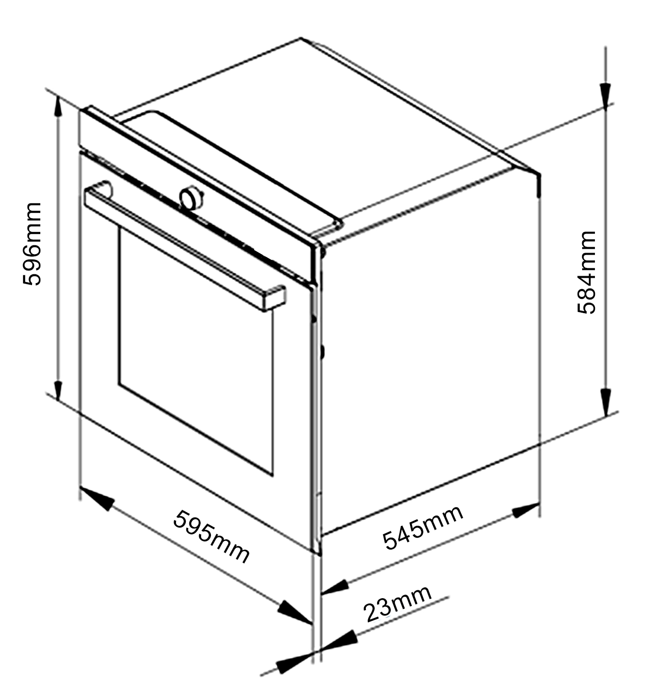 Isometric line drawing of a built-in oven with a front handle and knob, showing overall dimensions: about 595 mm wide, 545 mm deep, and 596 mm tall.