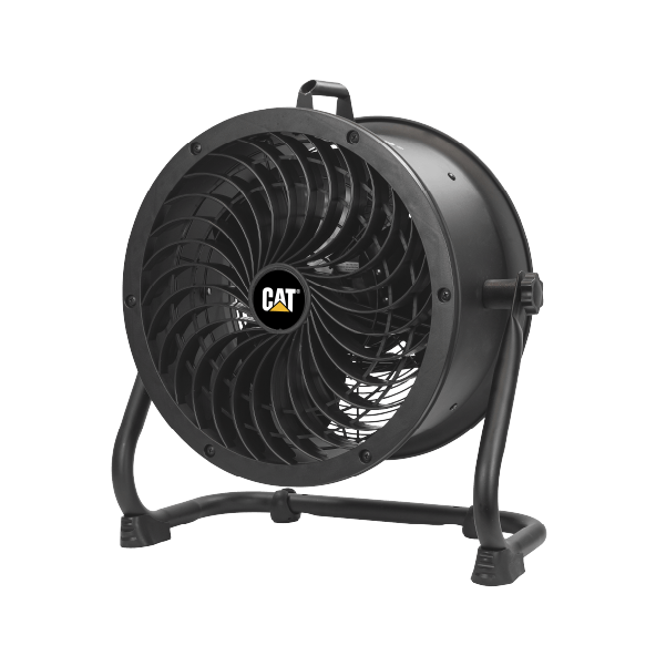 CAT portable industrial blower fan on a metal frame for ventilation and cooling in a workshop
