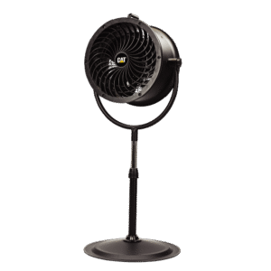 Black circular pedestal fan on a stand with a protective grille and CAT logo at the center, ready for cooling workspaces.