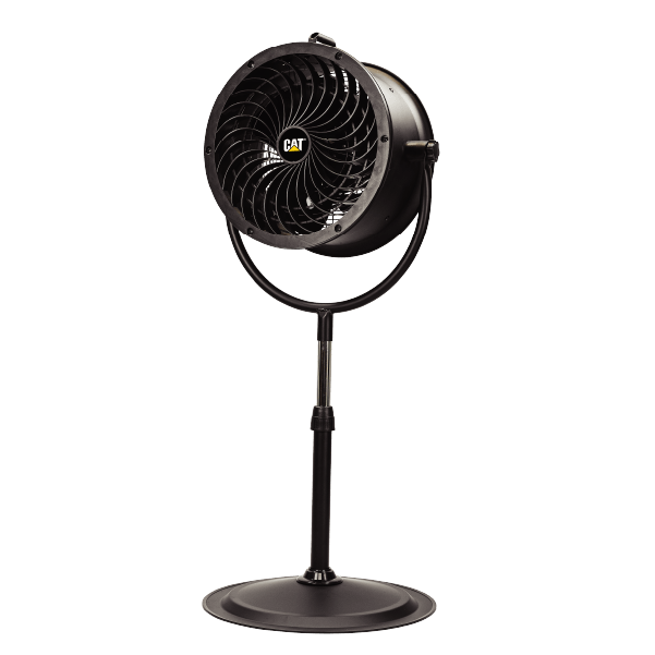 Black circular pedestal fan on a stand with a protective grille and CAT logo at the center, ready for cooling workspaces.