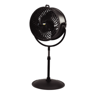 Black pedestal fan with a circular grille and CAT logo at the center, mounted on a slim adjustable stand with a round base.