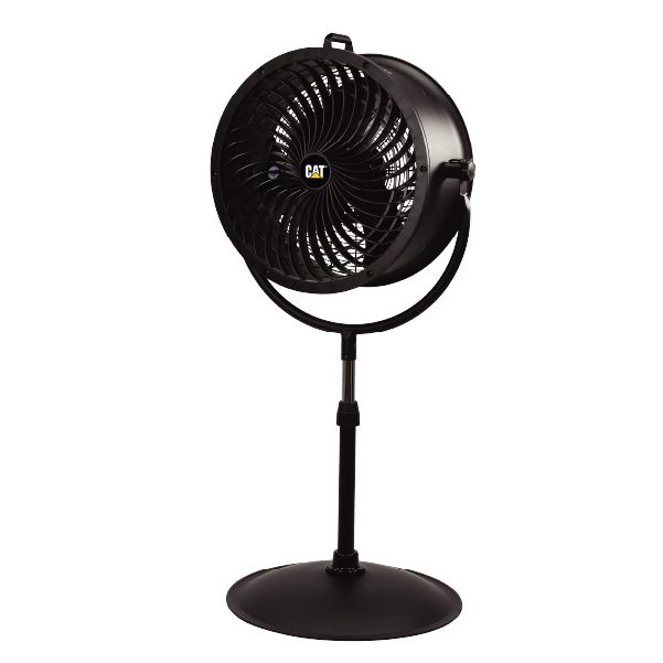 Black pedestal fan with a circular grille and CAT logo at the center, mounted on a slim adjustable stand with a round base.